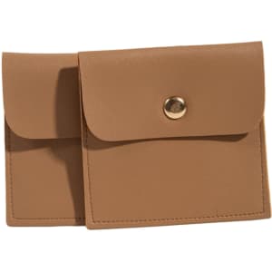 A square, tan PU leather jewelry pouch with a snap closure, featuring a simple design and stitching details.