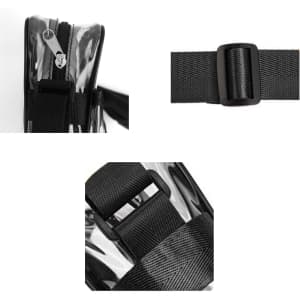 A clear shoulder crossbody bag featuring a zipper closure and adjustable black straps. The material is glossy and transparent.