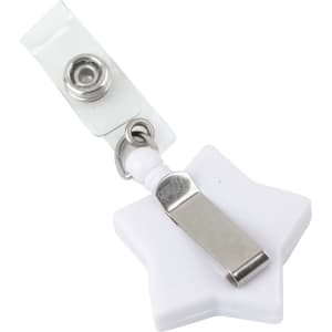 A white star-shaped retractable card holder with a clip and a badge reel.