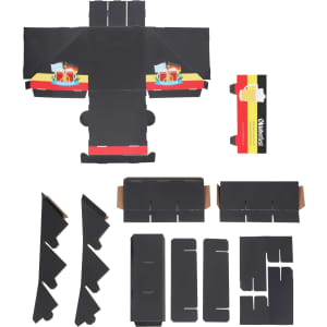 A flat lay of a black cardboard counter display featuring multiple sections and a colourful graphic detail.