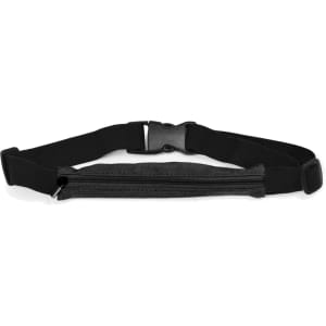 A black running belt featuring an adjustable strap and a zippered pocket, designed for convenience and comfort.