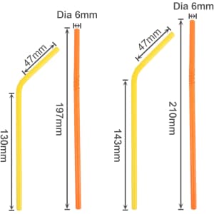A set of two bendable drinking straws in yellow and orange, detailed with measurements for length and diameter.
