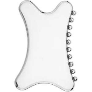 A silver Gua Sha tool with a smooth surface and rounded edges, featuring small rounded protrusions on one side.