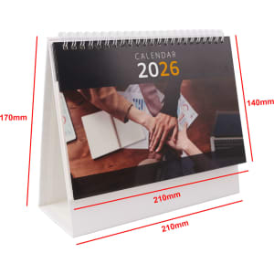 A desk calendar featuring a white stand with a spiral binding, displaying an image of hands on a table.