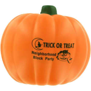 An orange pumpkin-shaped stress reliever with a green stem and black printed text, featuring a smiling face.