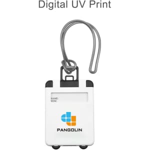 A white ABS luggage tag with a clip, featuring a logo and a space for a name.