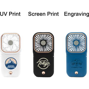 A folding neck fan in white, black, and blue, each featuring a different logo design.