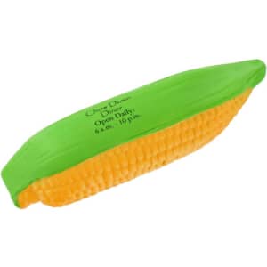 A corn-shaped stress reliever in vibrant yellow and green, featuring a logo on one side.