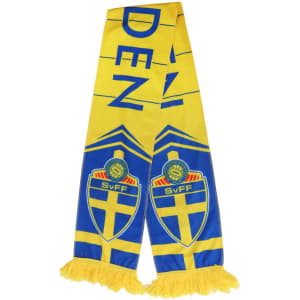 A yellow and blue fleece scarf with fringe, featuring a logo and graphics.