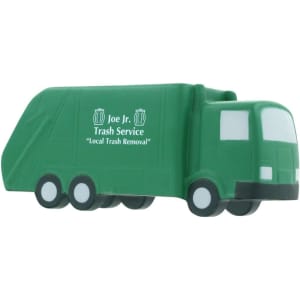 A green garbage truck-shaped stress reliever with a logo on its side.