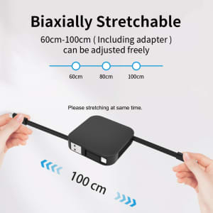 A black 4-in-1 retractable charging cable featuring a phone stand, adjustable from 60cm to 100cm, with a compact design.