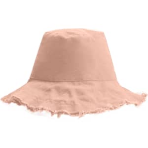 A raw edge bucket hat in a soft pink colour with a frayed brim. It features a logo on the side.