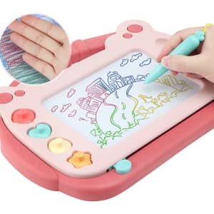 A pink and peach magnetic drawing board with a stand, featuring a screen for colourful drawings and a stylus.