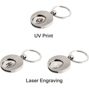 A round metallic keyring with a keychain, featuring UV print and laser engraving options.