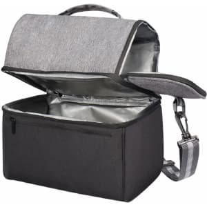 A two-compartment lunch bag in grey and black with a zip closure and a shoulder strap. It has a logo on the side.
