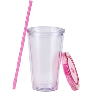 A clear 16oz plastic cup with a pink lid and straw, featuring a simple design and a logo.