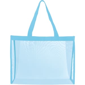 A transparent mesh tote bag in light blue with two shoulder straps and an open design.