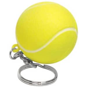 A yellow tennis ball stress item attached to a metal keyring. The ball features white markings and a shiny finish.