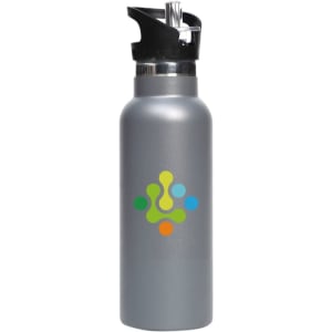 A drink bottle in silver with a flip valve lid and a logo. It features a double wall vacuum design.