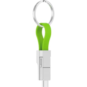 A green magnetic charging cable with a silver keyring attachment.