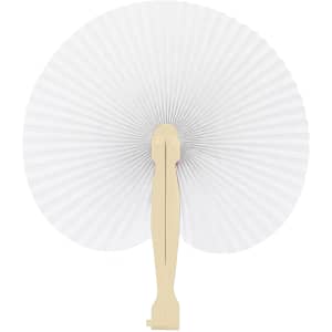 A peach-shaped plastic fan with a white pleated design and a beige handle, featuring a logo.