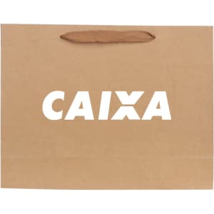 A small brown paper bag with a rope handle and a logo on the front.