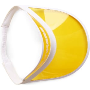 A yellow PVC sunscreen hat with a white band and a transparent visor, featuring a logo on the side.