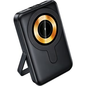 A black 10000mAh magnetic wireless power bank with a phone stand and a circular gold accent. It features a logo.