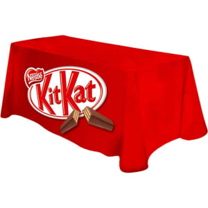 A red tablecloth featuring a KitKat logo and branding on the front, suitable for a four-foot table.