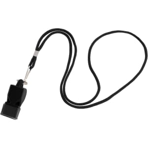 A black plastic whistle with a braided lanyard. The whistle is attached to the lanyard for easy carrying.