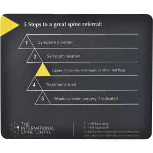 A black mouse mat featuring a yellow triangle design, with an outline of five steps for spine referrals and a logo.