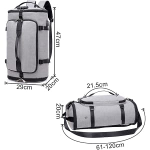 A grey convertible bucket backpack duffel bag with adjustable straps and multiple compartments. Features a logo.