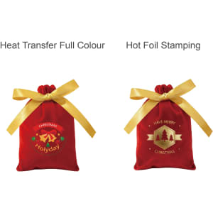 Red drawstring gift bags with gold bows, featuring festive designs in full colour and hot foil stamping.