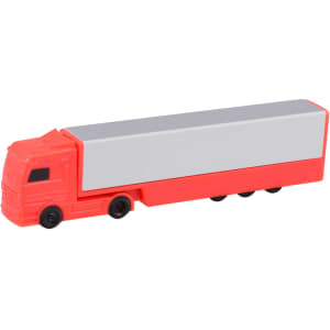 A red and grey truck-shaped flash drive with a logo, designed for storage and data transfer.