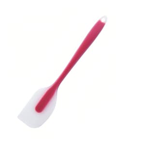 A silicone spatula with a red handle and a white spatula head, featuring a hole for hanging.