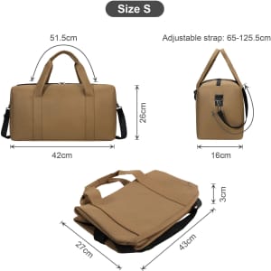 A durable duffle bag in tan, featuring adjustable straps and various dimensions for versatile use. Includes a logo.