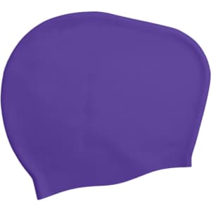 A purple silicone swim cap designed for women with long hair. Features a smooth, sleek surface and a logo.