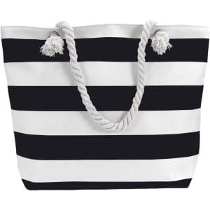 A tote bag with black and white stripes and a rope handle. It features a simple, stylish design.