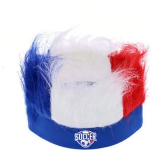 A headband wig featuring red, white, and blue colours, with a fluffy design and a logo at the front.