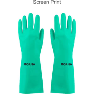 Reusable cleaning nitrile gloves in vibrant teal, featuring a logo on the wrist area.