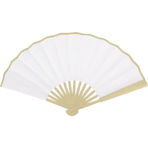 An 8-inch bamboo fabric hand fan in white with a golden frame and spokes, featuring a logo.