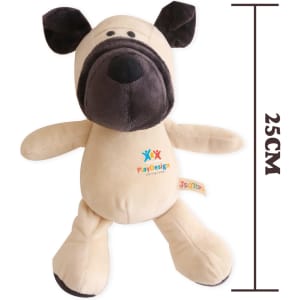 A beige dog plush toy with black ears and nose, featuring a branding tag, measuring 25 cm tall.
