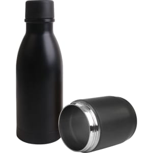 A drink bottle in matte black stainless steel with a detachable cap, featuring a sleek design and metal interior.