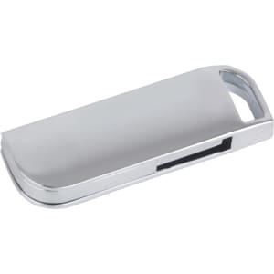 A silver metal swivel flash drive with a sleek design and a branding logo.