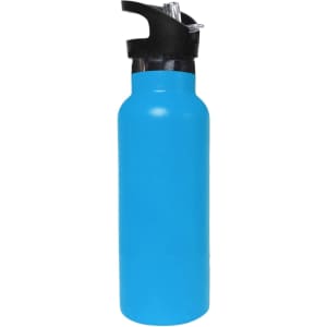 A drink bottle featuring a bright blue exterior, double wall vacuum insulation, and a flip valve lid. It has a logo on the design.