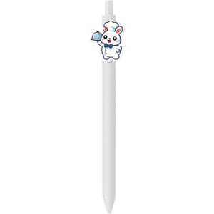 A white acrylic pen featuring a cute bunny design as a clip. It has a smooth finish and a logo.