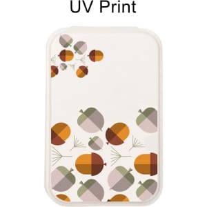 A portable mini mirror in various earthy tones featuring a graphic design of acorns. It has a logo on the front.