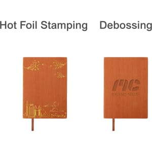A5 PU leather notebook in brown, featuring hot foil stamping and debossing designs on the cover.