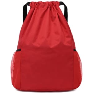 A red drawstring backpack featuring mesh side pockets and a central compartment, with black straps and logo.