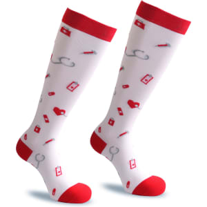 Compression socks in white with red accents, featuring various health-themed patterns and a logo.